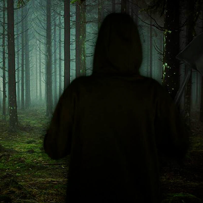 foto van een donkere schim met een schop in zijn hand in een verlaten bos voor het misdaadspel i know what you did